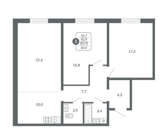 3-комнатная, 83.9 м², жилая: 55.7 м², кухня: 10 м²