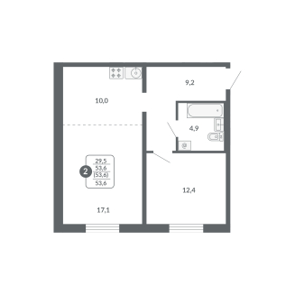 2-комнатная, 53.6 м²