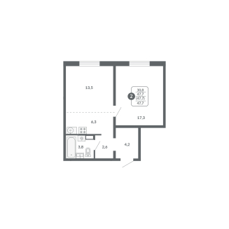 2-комнатная, 47.7 м², жилая: 30.8 м², кухня: 6.3 м²