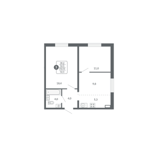3-комнатная, 52.5 м², жилая: 39.2 м², кухня: 5.3 м²