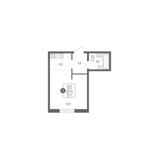 1-комнатная, 27.7 м², жилая: 16.1 м², кухня: 4.2 м²