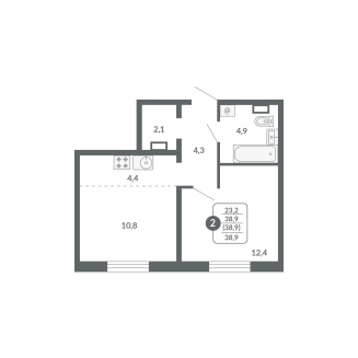 2-комнатная, 38.9 м², жилая: 23.2 м², кухня: 4.4 м²