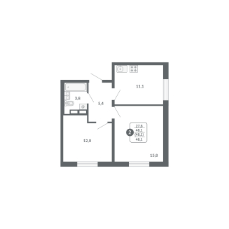 2-комнатная, 48.1 м², жилая: 27.8 м², кухня: 11.1 м²