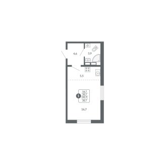 1-комнатная, 30.7 м², жилая: 16.7 м², кухня: 5.5 м²