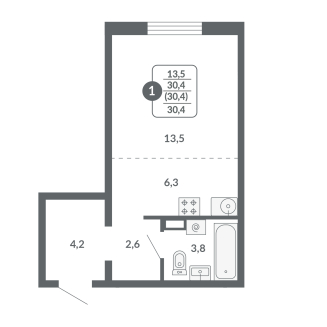 1-комнатная, 30.4 м², жилая: 13.5 м², кухня: 6.3 м²