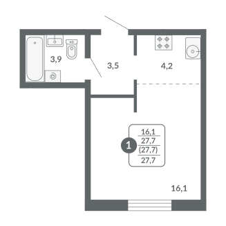 Студия, 27.7 м², жилая: 16.1 м², кухня: 4.2 м²