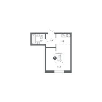 1-комнатная, 27.7 м², жилая: 16.1 м², кухня: 4.2 м²