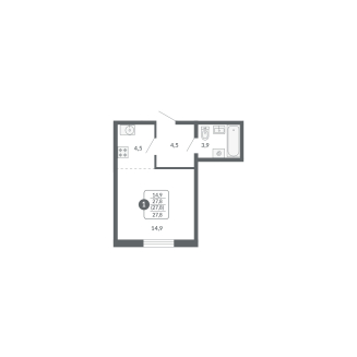 1-комнатная, 27.8 м², жилая: 27.8 м², кухня: 4.5 м²