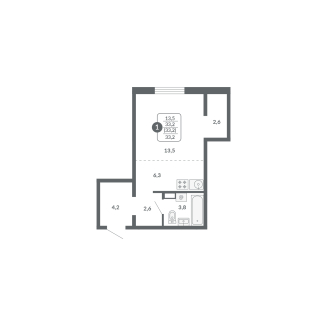 1-комнатная, 30.4 м², жилая: 13.5 м², кухня: 6.3 м²