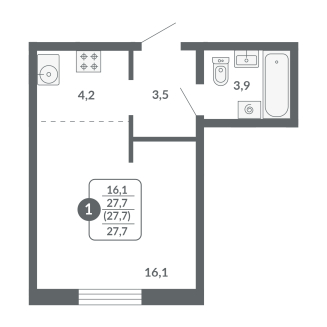 Студия, 27.7 м², жилая: 16.1 м², кухня: 4.2 м²