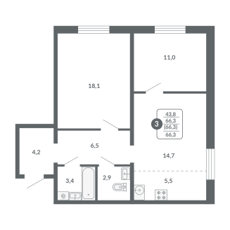 3-комнатная, 66.3 м², жилая: 43.8 м², кухня: 5.5 м²
