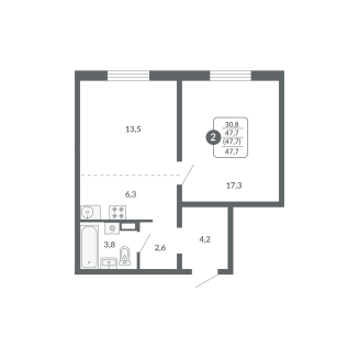 2-комнатная, 47.7 м², жилая: 30.8 м², кухня: 6.3 м²