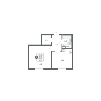 1-комнатная, 40.5 м², жилая: 16.4 м², кухня: 12 м²