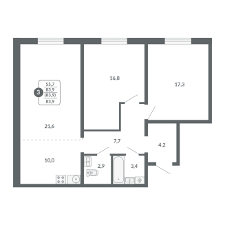 3-комнатная, 83.9 м²