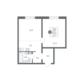 2-комнатная, 47.7 м², жилая: 30.8 м², кухня: 6.3 м²