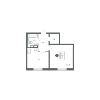 1-комнатная, 40.5 м², жилая: 16.4 м², кухня: 12 м²