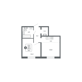2-комнатная, 38.9 м², жилая: 23.2 м², кухня: 4.4 м²