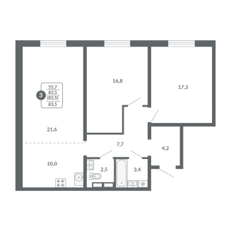 3-комнатная, 83.5 м², жилая: 55.7 м², кухня: 10 м²