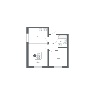 1-комнатная, 48.5 м², жилая: 27.8 м², кухня: 11.1 м²