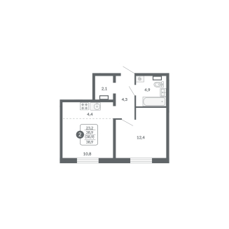 2-комнатная, 38.9 м², жилая: 23.2 м², кухня: 4.4 м²