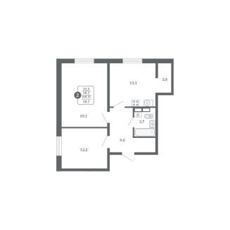 2-комнатная, 59.7 м², жилая: 31.3 м², кухня: 13.1 м²
