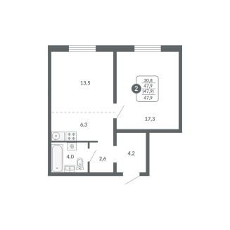2-комнатная, 47.9 м²
