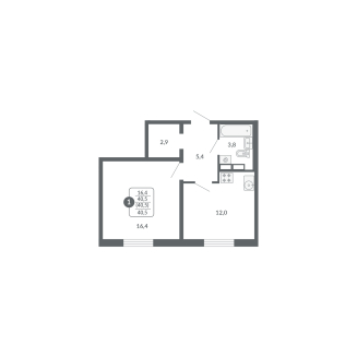1-комнатная, 40.5 м², жилая: 16.4 м², кухня: 12 м²