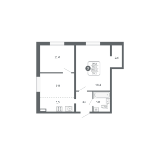 3-комнатная, 55.1 м², жилая: 39.2 м², кухня: 5.3 м²
