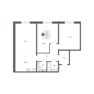 3-комнатная, 83.5 м², жилая: 55.7 м², кухня: 10 м²