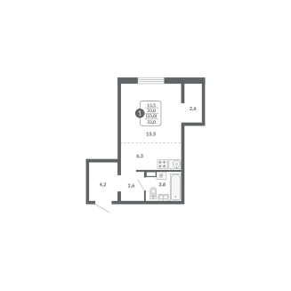 1-комнатная, 33 м², жилая: 13.5 м², кухня: 6.3 м²