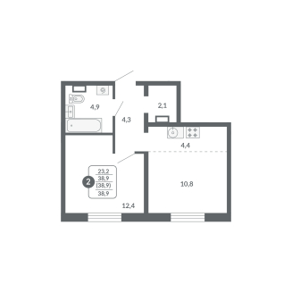 2-комнатная, 38.9 м², жилая: 23.2 м², кухня: 4.4 м²
