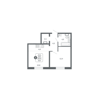 2-комнатная, 38.9 м², жилая: 23.2 м², кухня: 4.4 м²