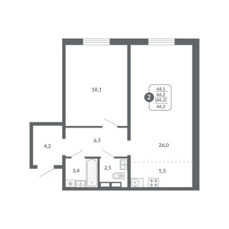 2-комнатная, 66.2 м², жилая: 44.1 м², кухня: 5.5 м²