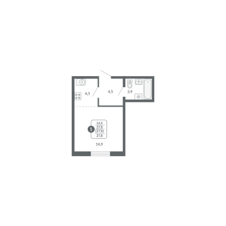 1-комнатная, 27.8 м², жилая: 14.9 м², кухня: 4.5 м²