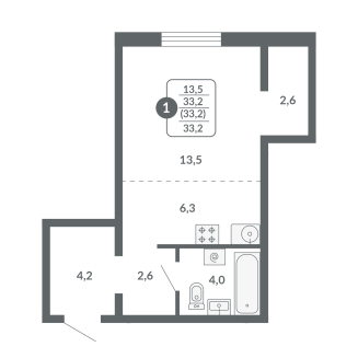 1-комнатная, 33.2 м², жилая: 13.5 м², кухня: 6.3 м²