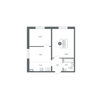 3-комнатная, 52.5 м², жилая: 39.2 м², кухня: 5.3 м²