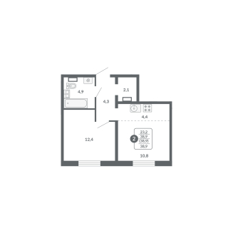2-комнатная, 38.9 м², жилая: 23.2 м², кухня: 4.4 м²