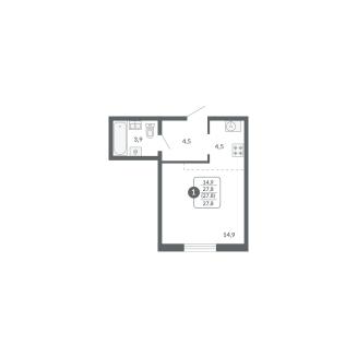 1-комнатная, 27.8 м², жилая: 14.9 м², кухня: 4.5 м²