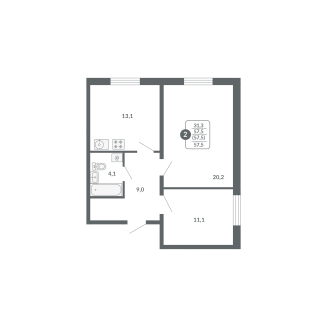 2-комнатная, 57.5 м², жилая: 31.3 м², кухня: 13.1 м²