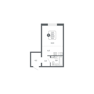 1-комнатная, 30.4 м², жилая: 13.5 м², кухня: 6.3 м²