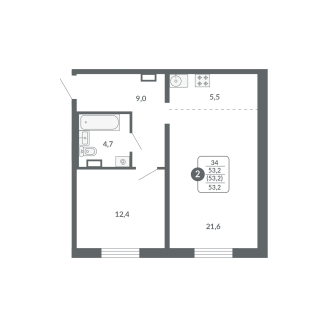2-комнатная, 53.2 м², жилая: 34 м², кухня: 5.5 м²