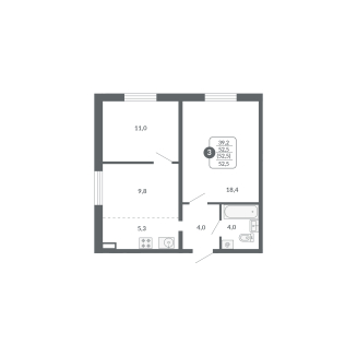 3-комнатная, 52.5 м², жилая: 39.2 м², кухня: 5.3 м²