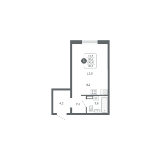 1-комнатная, 30.4 м², жилая: 13.5 м², кухня: 6.3 м²