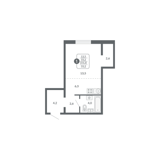 1-комнатная, 33.2 м², жилая: 13.5 м², кухня: 6.3 м²