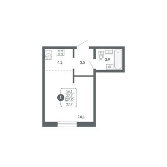 Студия, 27.7 м², жилая: 16.1 м², кухня: 4.2 м²
