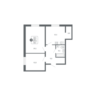 2-комнатная, 60.1 м², жилая: 31.3 м², кухня: 13.1 м²